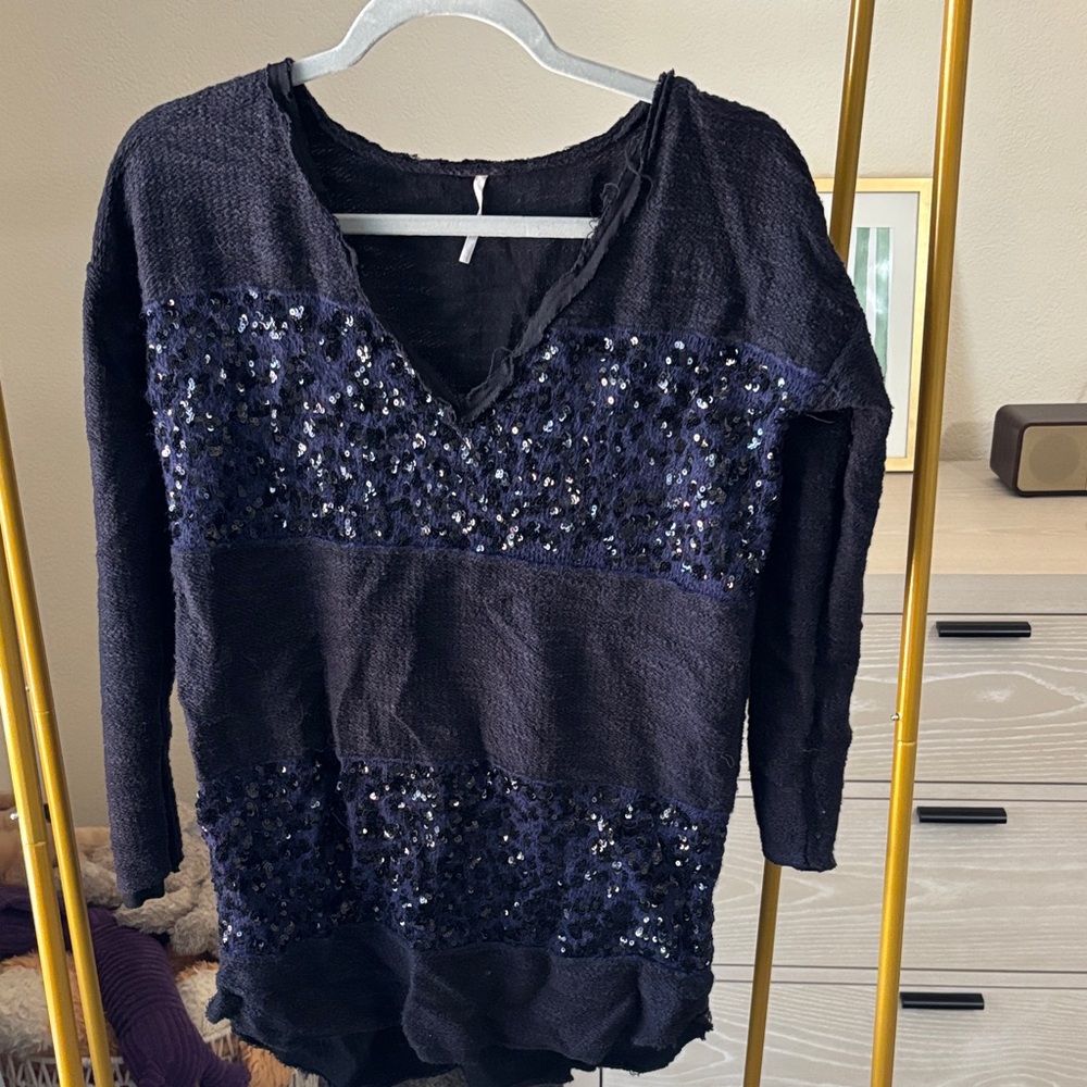Free People Black and Blue Sequin Sweater